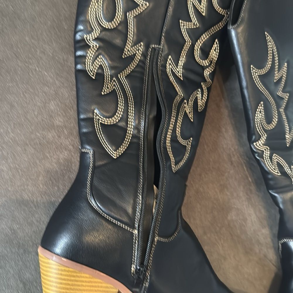 Women’s Black Western Cowgirl Boots Knee High Pointed Toe Side Zip Size 11 NEW - Picture 8 of 16